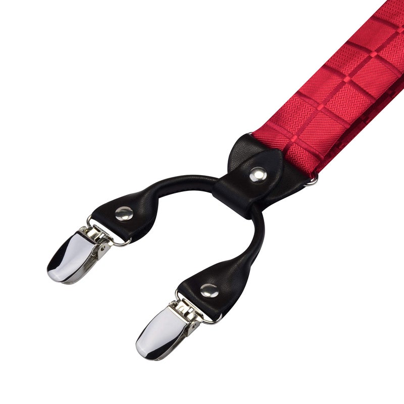 GUSLESON Mens Wedding Red Suspenders Pre-tied Bow Tie and Pocket Square Set Male Plaid Adjustable Tuxedo Suspender (0102-13) - Image 5